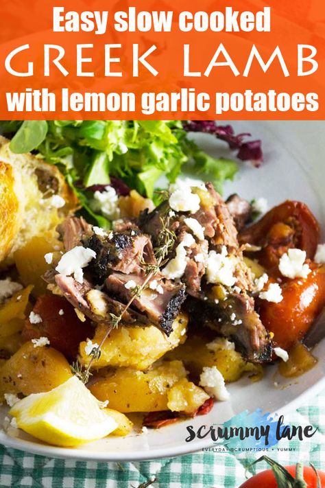 This easy slow cooked Greek lamb with lemon and garlic potatoes is a perfect meal for entertaining. Roast a lamb leg together with potatoes and delicious Greek flavours for 4 hours, but with only 15 minutes hands-on attention. It's such an easy and delicious way to impress your guests! #greeklamb #lamb #greekfood #greece #scrummylane #easter Lemon Garlic Potatoes, Slow Cooked Greek Lamb, Lamb Kleftiko, Greek Recipes Easy, Easy Mediterranean Recipes, Greek Lamb, Slow Roast Lamb, Lamb Leg, Slow Cooked Lamb