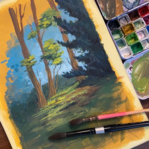 Gouache painting with bold strokes of nature, trees and forest Gouache Tree, Gouache Botanical, Landscape Sketching, Landscape Sketch, Twitch Emotes, Bratislava, Nature Paintings, Gouache Painting, Art References