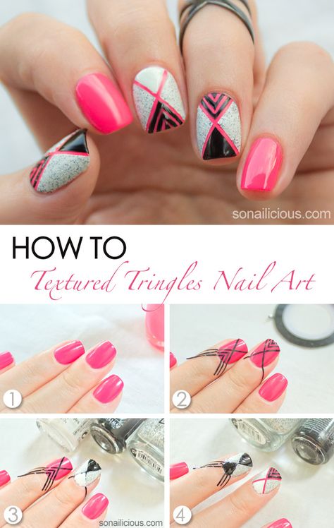 The Fashionable Housewife's 11 Favorite Nail Art Tutorials Triangle Nail Art, Diy Nails Tutorial, Triangle Nails, Nail Polish Tutorial, Geometric Nail Art, Geometric Nail, Striped Nails, Cute Nail Art, Beautiful Nail Art