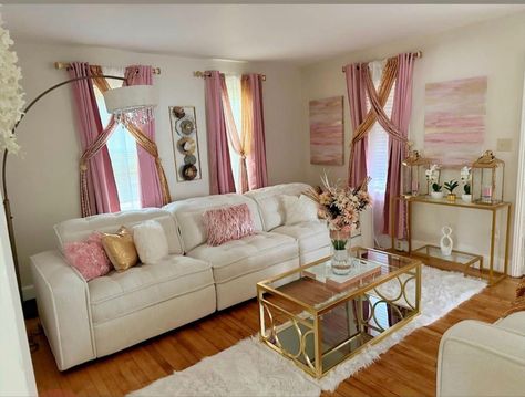 I used my daughters baby shower back drop curtains which were rose gold, gold and white to help create this look. Pink And Brown Living Room, Off White Living Room, Window Behind Bed, Gold Curtains, Curtain Wall, Back Drop, White Living, Brown Living Room, White Living Room