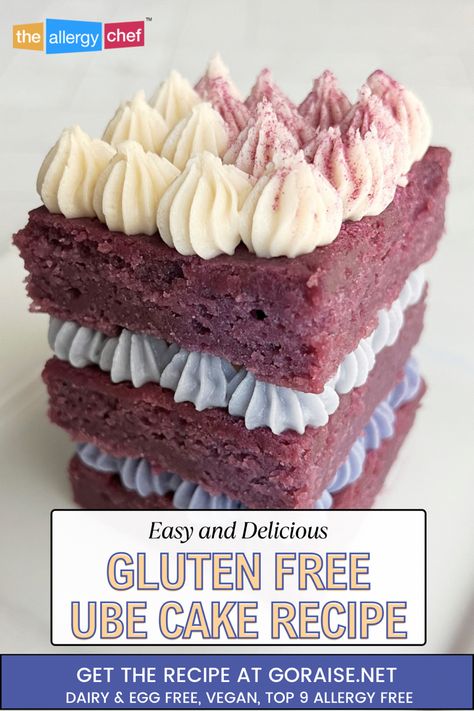 Gluten Free Ube Cake Recipe (egg free, dairy free, vegan, top 9 allergy free) Gluten Free Ube Cookies, Potato Cake Recipe, Sweet Potato Cake Recipe, Ube Cake, Allergy Friendly Desserts, Potato Cakes Recipe, Purple Sweet Potato, Sweet Potato Cake, Gluten Free Egg Free