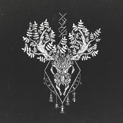 Ash Tree Leaves, Druid Tattoo, Rune Vichinghe, Deer Skull Art, Norse Mythology Tattoo, Arte Viking, Scandinavian Tattoo, Norse Design, Occult Tattoo