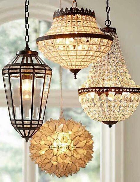 Lovely lighting. Love the cluster idea. Pottery Barn Lighting, Barn Light Fixtures, Home Lighting Design, Barn Light, Design Exterior, Beautiful Chandelier, Beautiful Lighting, Chandelier Lamp, Lighting Inspiration