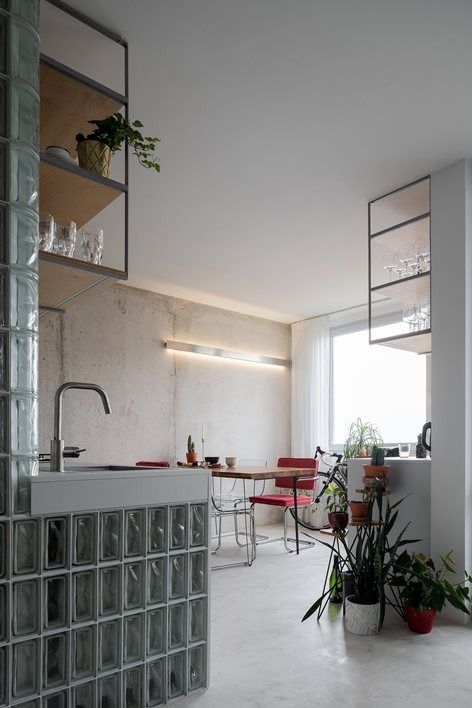 Apartment with glass block walls | Papundekl architekti Ikea Kitchen Planning, Glass Blocks Wall, Housing Estate, Farnsworth House, Block Of Flats, Simple Interior, Built In Furniture, Glass Block, Luxury Kitchen Design