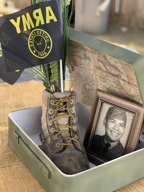 Army theme Centerpiece  #boot #Army #ArmyTheme Army Centerpiece Ideas, Military Centerpiece Ideas, Military Promotion Party, Military Retirement Party, Usmc Retirement, Gala Centerpieces, Army Retirement, Graduation Words, Military Retirement Parties