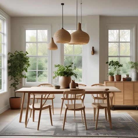 ☀️🌿 Bright dining space with big windows. Natural wood table & comfy woven chairs. 🌾 Cool hanging basket lamps. Green plants in ceramic pots spice things up! 🪴 Simple sideboard with a neat lamp. Cozy vibes! 🏡✨
#odastudioAI #odaAIstudio #odastudio

#diningroomideas #diningroomdecor #diningroomdesign #diningroominspiration #diningroomstyle #modernDiningroom #diningroomtable #diningroomlighting #diningroominterior #diningroomfurniture Lamps Green, Woven Chairs, Cozy Dining Room, Earthy Vibes, Natural Wood Table, Dining Room Cozy, Dining Room Spaces, Dining Room Style, Woven Chair