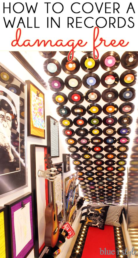 How to hang a record feature wall Hang Records On Wall, Records On Wall, Hanging Records, Record On Wall, Diy Vinyl Record, Basement Wall Colors, Vinyl Record Decor, Record Wall Decor, Band Rooms