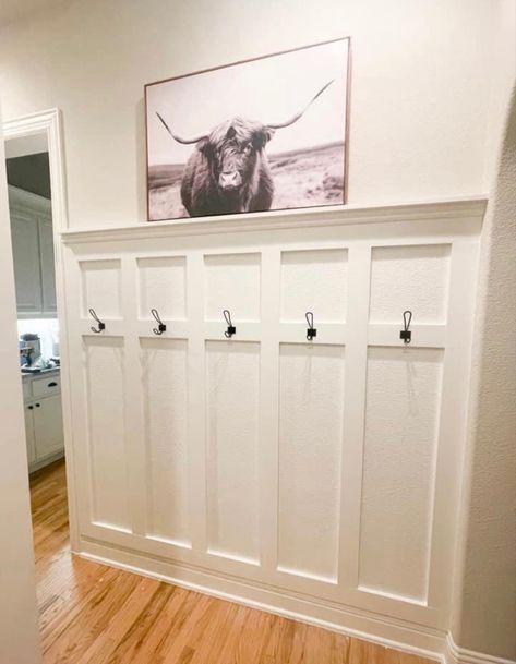 Beadboard Behind Washer And Dryer, Board And Batten Wall In Entryway, Front Entrance Wall Panelling, Waynes Coating Entryway, Shiplap Wall Mudroom Entryway, Wainscoting With Coat Hooks, Shiplap Mudroom Wall With Hooks, Mud Room Wall Paneling, Panelled Wall With Coat Hooks