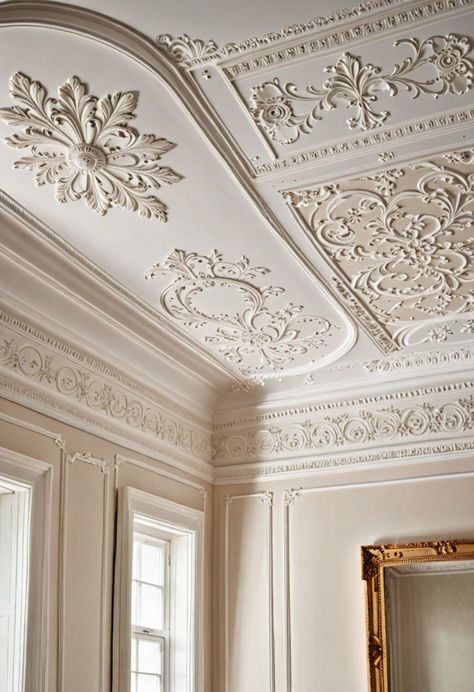 23 Ceiling Molding and Trim Ideas: Elevate Your Home's Style » HomeDecorFull Ceiling Trim Design Ideas, How To Add Crown Molding To Walls, Decorative Ceiling Molding, Crown Moldong, Ceiling Moulding Ideas, Ceiling Plaster Design, Crown Moulding Ideas Ceiling, Vintage Ceiling Design, Crown Molding On Vaulted Ceiling