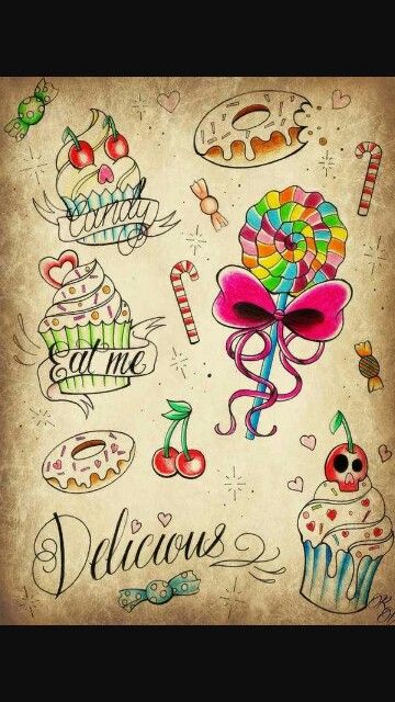 Sweet tattoo ideas Candy Art Drawing, Cupcake Tattoo Designs, Sweet Drawing, Tree Roots Tattoo, Candy Tattoo, Cupcake Tattoos, Roots Tattoo, Flash Drawing, Candy Drawing