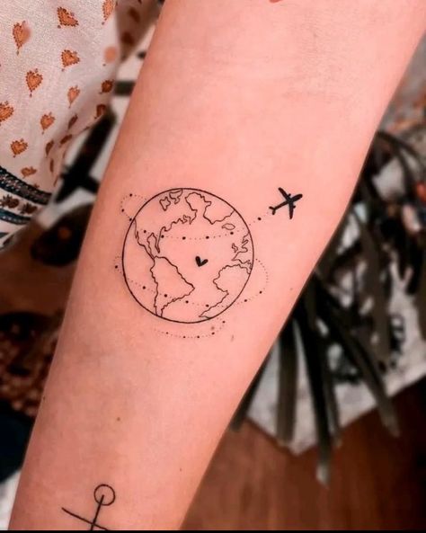 Heart Globe Tattoo, Mini Tattoos Travel, World Tattoos For Women, Travel Related Tattoos, World Globe Tattoos, Traveler Tattoos, Small Travel Tattoos, Tattoo Ideas Travel, Watercolor Bike