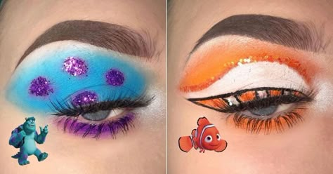 Love All Things Pixar? Feast Your Eyes on These Woody, Sully, and Finding Nemo-Inspired Looks Nemo Eye Makeup, Nemo Inspired Makeup, Sully Halloween Makeup, Sully Makeup Monsters Inc, Pixar Makeup, Sully Makeup, Monsters Inc Makeup, Finding Nemo Makeup, Nemo Makeup