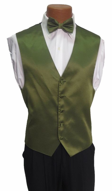 Green Ralph Lauren Tuxedo Vest **Bow & Long Tie Included** This is a handsome dark green tuxedo vest and tie set from our rental stock.  It features a subtle pattern on the front and a solid black back.  Adjustable with a band just above the waist.  Both the bow tie and the long tie are pre-tied and fully adjustable.   Please visit my eBay Store if you are interested in additional formal wear items. Chambelan Outfits, Green Quince Dress, Chambelanes Outfits, Green Quinceanera Theme, Quinceanera Themes Dresses, Green Tuxedo, Princesa Tiana, Gold Suit, Tuxedo Vest