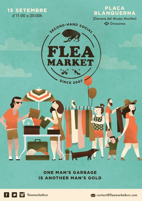 Flea Market Posters by Bea R Vaquero, via Behance Bazaar Poster Design, Art Market Poster, Flea Market Poster Design, Market Poster Design, Bazaar Poster, Flea Market Poster, Flea Market Design, Market Illustration, Market Poster