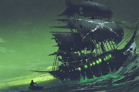 Our Favorite Pirate Fantasies Ghost Pirate Ship, Ghost Pirate, Sea Of Thieves, Flying Dutchman, Ghost Ship, Night Scene, Pirate Ship, Ship Art, The Villain