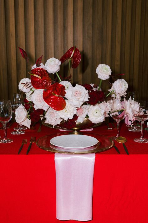 Virgin Hotel - Dallas, TX — Sistered States Post Modern Wedding, Disco Wedding Centerpieces, Moody Reception, Red Wedding Table, Modern Wedding Florals, Kitschy Wedding, Red Flowers Wedding, Colorful Modern Wedding, Virgin Hotel