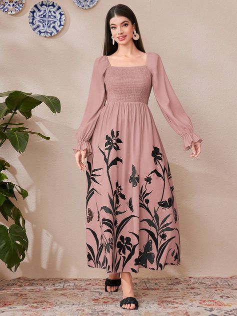 Women Square Neck Floral Lantern Sleeve Vacation Spring/Summer Dress Pink Boho  Long Sleeve Woven Fabric Floral,Tropical,Plants A Line Non-Stretch  Women Clothing, size features are:Bust: ,Length: ,Sleeve Length: Spring Dresses Long, Floral Spring Dresses, Black And Gold Lehenga, Floral Lantern, Beautiful Frocks, Women Cotton Dress, Pink Summer Dress, Fancy Dresses Long, Beautiful Dress Designs