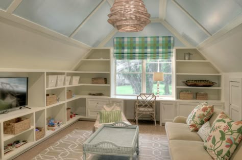 Slanted Walls Playroom, Playroom Slanted Ceiling, Bonus Room Slanted Walls, Built In Bonus Room, Playroom Sloped Ceiling, Slanted Ceiling Shelving, Slanted Ceiling Bonus Room Ideas, Finished Attic Ideas Office, Bonus Room Design Slanted Walls