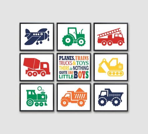 Set of 9 8x10 transportation theme nursery prints. Boys wall art. Dump truck, Excavator, cement mixer. Toddler boy bedroom decor DIGITAL art Truck Room Decor, Toddler Playroom Decor, Toddler Boy Room Decor, Kids Room Sign, Boy Toddler Bedroom, Collage Mural, Boys Playroom, Open Zip, Toddler Playroom