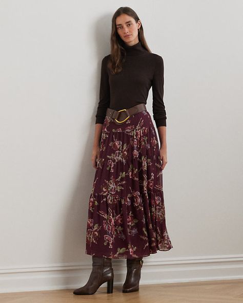 Floral Crinkle Georgette Tiered Skirt Sundance Outfits, Ralph Lauren Fall 2024, Skirt Outfits For Fall, Ralph Lauren Fashion, Maxi Skirt Fall, Style Capsule, Painterly Floral, Fall Skirt, Ralph Lauren Fall