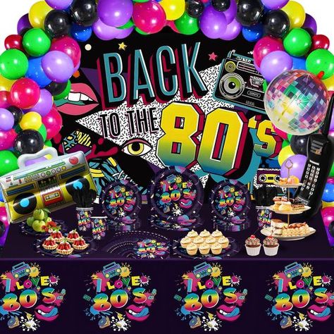 PRICES MAY VARY. 🎈Back To The 80’S Party Decorations: You will receive 1pc 80s backdrop, 1pc tablecloth, 16pcs dinner plates, 16pcs dessert plates, 16pcs cups, 16pcs napkins, 16pcs spoons/forks/knives, inflatable radio boombox and mobile phone, 1pc colorful foil balloon, 96pcs latex balloons and balloon decoration tools, everything you need is included. Now, let’s step into the time machine, take a trip back in time and relive the vibrant and nostalgic era of the 80s! 🎈Suitable For Multiple Oc 80s Party Decorations For Adults, 80s Backdrop, 80s Theme Party Decorations, Party Decorations For Adults, 80s Party Decorations, 80s Birthday Parties, Back To The 80s, 80s Theme Party, 80s Theme