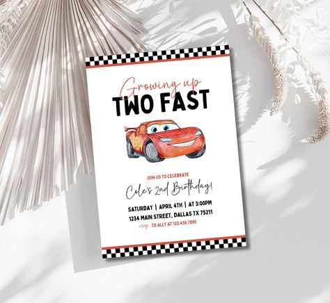 Cars Birthday Party Invitation, Lightning Mcqueen Birthday, Cars Party Invite, Second Birthday Party Invitation, Two Fast, 2, Tow Mater Cars - Etsy Two Fast Birthday Invitation Zazzle, Cars Two Fast Birthday, Cars Second Birthday Party, Cars Themed Second Birthday, Lightning Mcqueen Second Birthday, Cars Birthday Invite, Disney Cars Second Birthday Theme, Mcqueen 2nd Birthday Party, Lightning Mcqueen 2nd Birthday Party