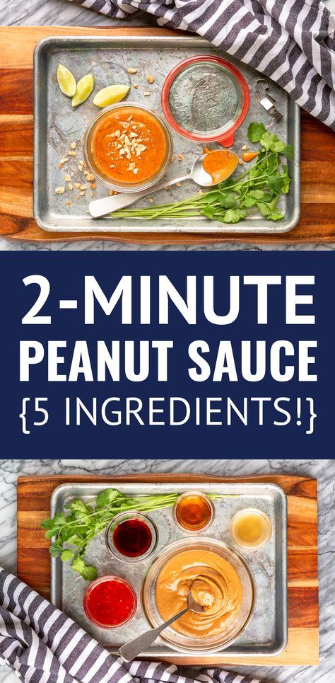 2-Minute Easy Peanut Sauce For Dipping & Dressing -- this flavorful and EASY peanut sauce recipe uses just 5 ingredients and can be whipped up in under 2 minutes! Peanut butter sauce is delicious as a dip for veggies or spring rolls, a salad dressing, on cold noodles, or over chicken. | thai peanut sauce recipe | how to make peanut sauce | healthy peanut sauce | homemade peanut sauce #peanutbutter #peanutsauce #peanutdressing #thaipeanut #easyrecipe #diprecipes #diprecipeseasy Healthy Peanut Sauce, Peanut Sauce Healthy, Thai Peanut Sauce Recipe, Sweet Red Chili Sauce, Easy Peanut Sauce, Chicken Thai, Homemade Peanut Sauce, Peanut Butter Chicken, Peanut Sauce Recipe