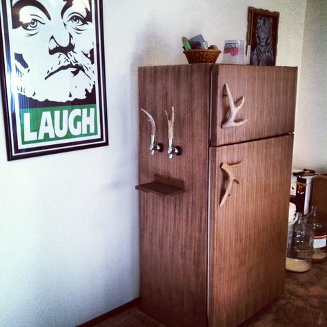 Kegerator conversion project I worked on for my home brewed beer. Took a old hotpoint fridge, sanded it clean, repainted the inside, covered some of the inside and all of the outside in PSA walnut wood veneer followed by polycrilic clear satin finish, had custom white tail antler handles made for doors and taps, drilled the tap holes and this is how it turned out. Fridge Redo, Refrigerator Makeover, Modern Refrigerator, Refrigerator Cover, Fridge Cover, Refrigerator Wraps, Refrigerator Covers, Vintage Refrigerator, Large Refrigerator