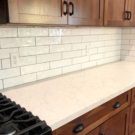 White Subway Tile Kitchen Backsplash Grey Grout Dark Wood Cabinets, White Backsplash With Grey Grout, Dark Kitchen Cabinets And Light Granite, White Subway Tiles Kitchen Backsplash, White Subway Tile Kitchen, Subway Tile Patterns, Backsplash With Dark Cabinets, Patterned Kitchen Tiles, Moms Kitchen