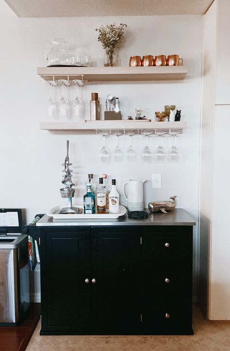 Floating Shelves Wine Bar, Floating Shelves Glassware, Bar Cabinet Floating Shelves, Bar Cabinet With Floating Shelves Above, Kitchen Bar Floating Shelves, Drybar With Floating Shelves, Floating Shelves Wine Glasses, Glass Hanging Shelves, Bar Cart And Floating Shelves