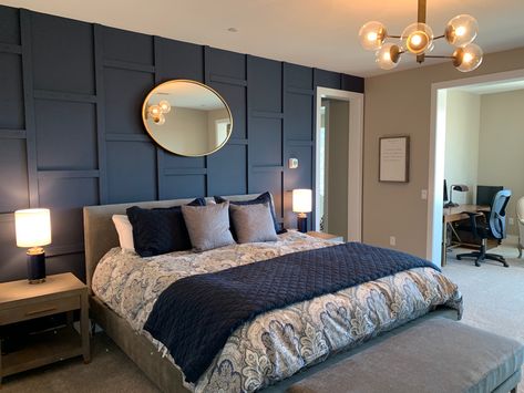 Master bedroom feature wall in SW naval. Bedroom Wall Finishing Ideas, Bedroom Design Blue Wall, Navy Wall Panelling Bedroom, Deep Blue Bedroom Accent Wall, Blue Panel Wall Bedroom, Navy Wainscoting Bedroom, Blue Green Master Bedrooms Decor, Navy Accent Wall In Bedroom, Sw Naval Bedroom