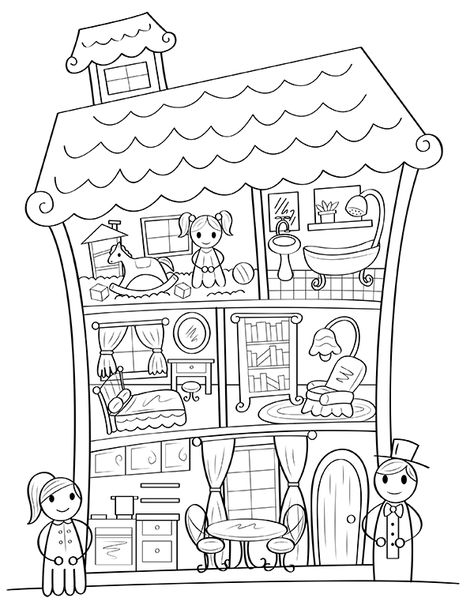 Free printable dollhouse coloring page. Download it at https://museprintables.com/download/coloring-page/dollhouse/ Dollhouse Coloring Pages, Printable Dollhouse, House Colouring Pages, Rainbow Canvas, Spring Coloring Pages, Paper Doll House, Cars Coloring Pages, Coloring Page Ideas, Barbie Doll House