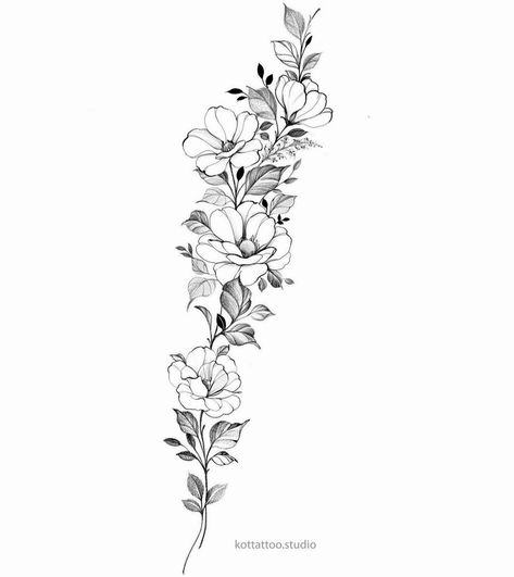 Floral Armband Tattoo Design, Floral Wrap Around Tattoo Arm Stencil, Tattoo Ideas Vine Flowers, Flower Strand Tattoo, Orchid Tattoo Wrap Around, Morning Glory Flower Spine Tattoo, Wrap Around Tattoo Flowers, Floral Vine Spine Tattoo, Long Floral Tattoo