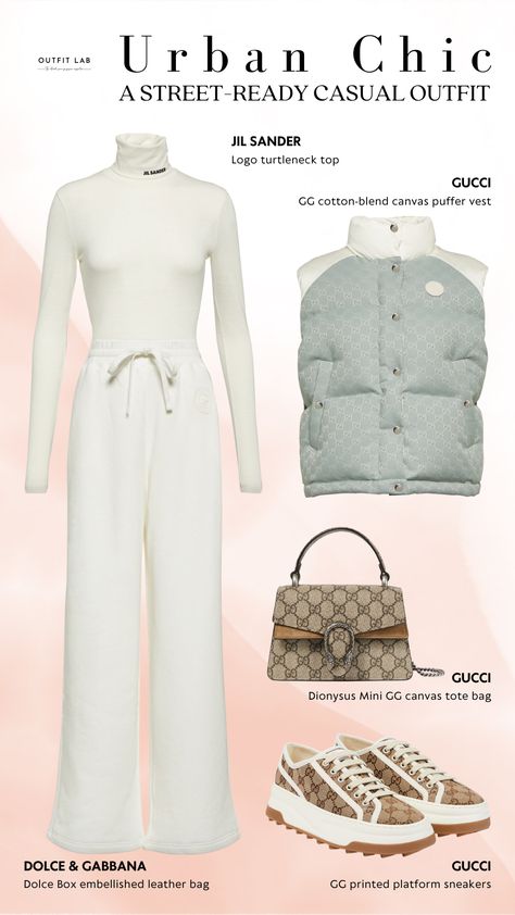 This outfit combines the iconic Gucci tote and sneakers with a stylish vest and pants. The look is completed with a cozy Jil Sander top, creating a perfect blend of comfort and style for urban adventures! #EverydayOutfits #AirportFits #PolyvoreOutfits #StreetFashionOutfits #StreetStyleInspo #TrendyStreetStyle #StreetStyleClothing Gucci Winter Outfit, Gucci Winter, Polyvore Winter, Vest And Pants, Jeans Outfit Women, Gucci Tote, Trendy Street Style, Stylish Work Outfits, Turtleneck Top