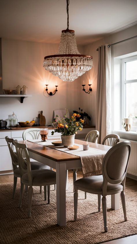 Discover the beauty of a minimalist dining area featuring a stunning kitchen table that serves as the perfect centerpiece for intimate gatherings. Styled with elegant dining chairs and a chic table runner, this setup exudes warmth and sophistication. A statement chandelier adds character, while ambient lighting from wall sconces creates a cozy atmosphere. Whether you're hosting friends or enjoying a quiet dinner, this space invites connection and comfort. Ready to transform your dining experience? Click to explore more! #MinimalistDecor #IKEAStyle #DiningRoomInspo #HomeDesign #CozyVibes #InteriorStyling #ChicDining Minimalist Dining Area, Statement Chandelier, Hosting Friends, Statement Chandeliers, Chic Table, Stunning Kitchens, Cozy Atmosphere, Elegant Dining, Minimalist Decor