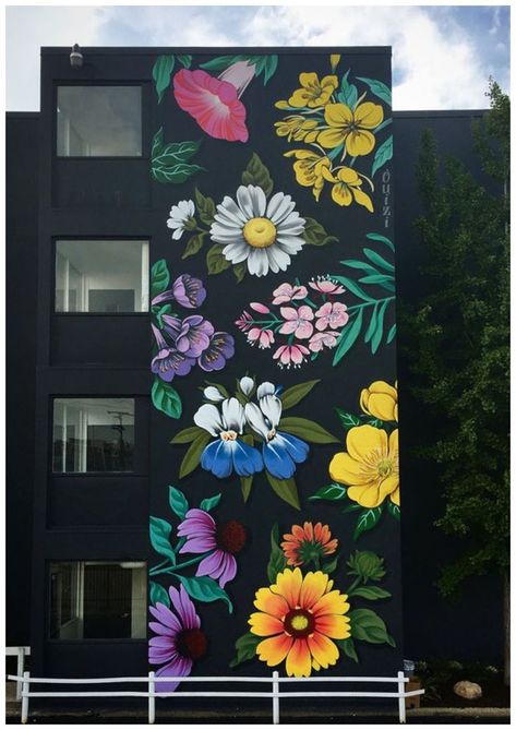 Bursts of stylized flowers by ‘Ouizi’ transform buildings into floral canvases #art #mural #florals Ranunculus Purple, Michigan Wildflowers, Buttercup Ranunculus, Seni Mural, Purple Coneflower, Garden Mural, Urbane Kunst, Flower Mural, Linoleum Print