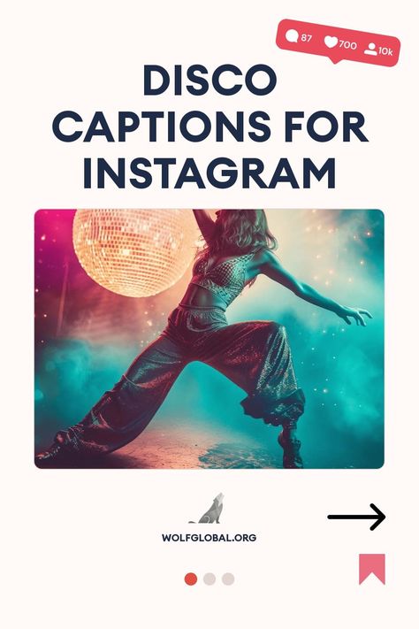 Alt text: Disco-themed Instagram caption card featuring a woman dancing under a disco ball.
A graphic with checkmarked list items celebrating disco themes, with a 'Get 100+ more' button and website link.
Person with laptop surrounded by social media icons, promoting Instagram engagement service. 70s Captions, 70s Instagram Captions, Disco Captions, Disco Captions Instagram, Dj Night Captions, Disco Quotes, Disco Phrases, Party Captions, Club Quote