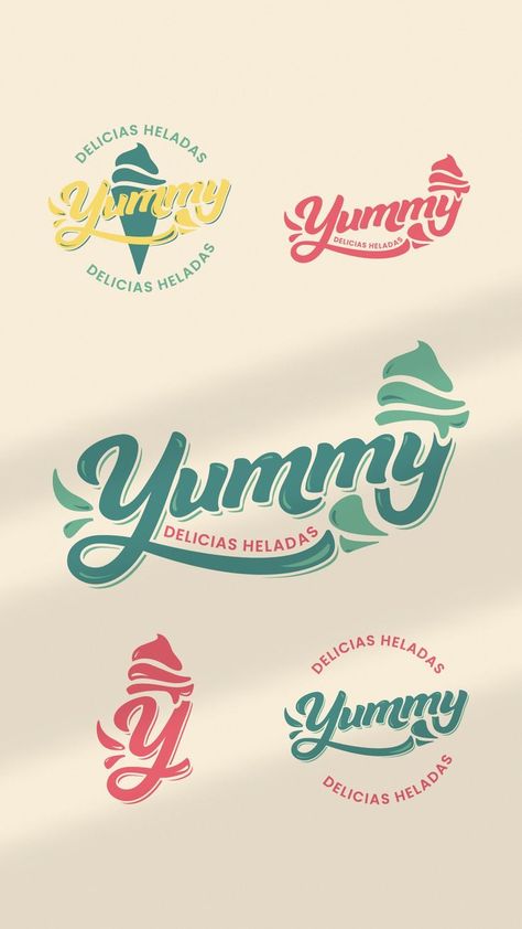 Diseño de Sistema Visual de Identidad para Yummy, heladería y cafetería. Laprida, Buenos Aires, Argentina #branding #brand #icecream #logo #icecreamlogo #icecreambrand Ice Cream Font, Cafe Branding Design, Fancy Ice Cream, Book Illustration Layout, Ice Cream Logo, Cake Logo Design, Ice Cream Design, Ice Cream Brands, Digital Marketing Design