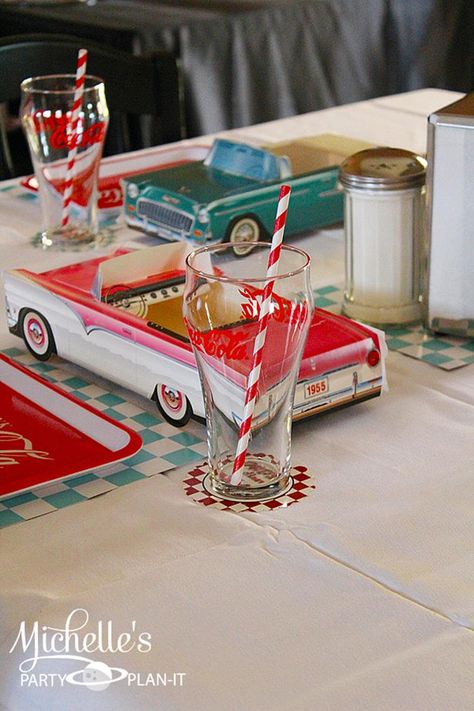 Cute 1950's diner retro themed birthday party with tons of ideas! Sock hop party ideas & more. Via Kara's Party Ideas KarasPartyIdeas.com #poodleskirt 1950s Party Ideas, Fifties Party, Grease Party, 50s Theme Parties, Sock Hop Party, 1950s Diner, 50's Diner, Rock N Roll Party, Diner Party