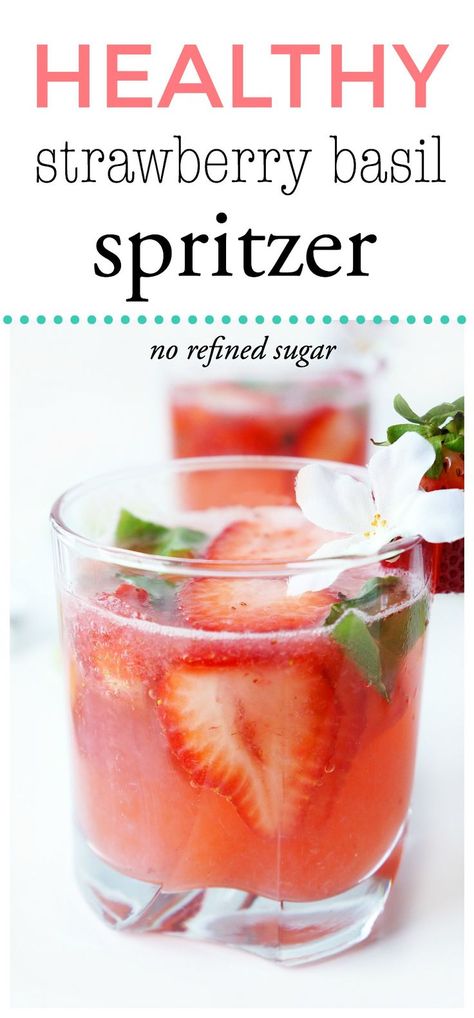 Looking for a way to use up those fresh strawberries? This healthy strawberry basil lime spritzer is a gorgeous and refreshing beverage that’s a good source of vitamin C and lower in sugar than your typical summer drink! #healthydrinks #virgindrinks #noalcohol #norefinedsugar #summerdrinks #strawberry {Gluten-free, vegetarian, no refined sugar & paleo} Mocktail Spritzer, Strawberry Mocktail, Spritzer Drink, Basil Drinks, Easy Alcoholic Drinks, Strawberry Basil, Healthy Cocktails, Alcohol Free Drinks, Drink Recipes Nonalcoholic