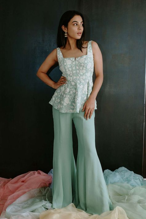 Buy Mishru Green Georgette Hand Embroidered Top With Flared Pant Online | Aza Fashions Flared Pants Outfit Indian, Indian Flared Pants, Indian Palazzo Pants Outfit, Peplum Dress Indian, Palazzo Pants Outfit Indian, Trendy Ethnic Outfits, Georgette Kurtis, Peplum Dresses, Mint Green Fabric