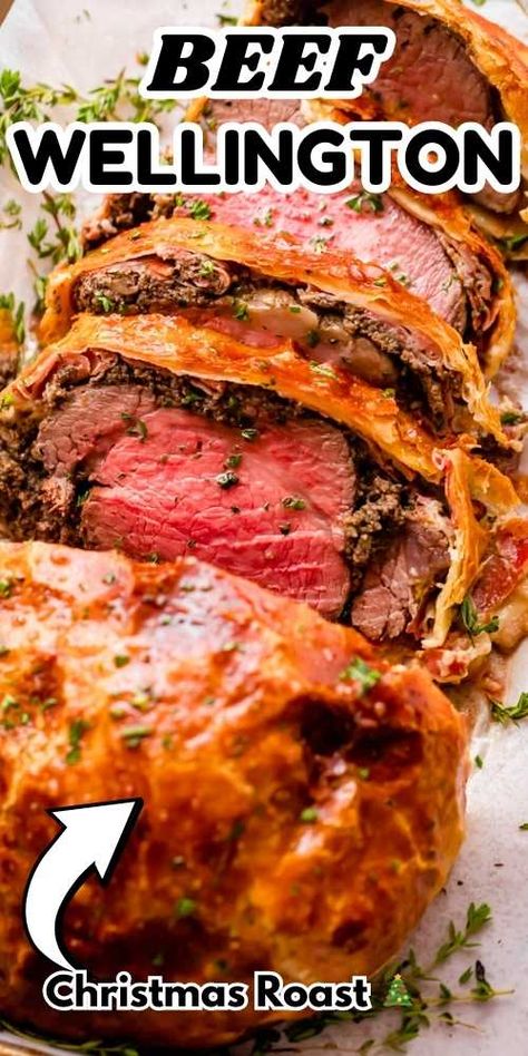 Plan the ultimate Christmas dinner with this elegant and surprisingly simple Beef Wellington recipe. Tender beef tenderloin is wrapped in layers of flaky pastry, mushrooms, and prosciutto, creating a showstopping dish. Follow this step-by-step guide to make a classic Beef Wellington that’s perfect for the Holidays! Red Meat Christmas Dinner, Sous Vide Beef Wellington, Stuffed Beef Tenderloin Recipes Oven, Beef Wellington No Mushrooms, Rib Roast Christmas Dinner, Beef Wellington Recipe Without Mushrooms, Beef Wellington Without Mushrooms, Stuffed Beef Tenderloin Recipes, Puff Pastry With Mushrooms