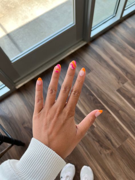 Orange And Pink Design Nails, Nail Design Orange Pink, Pink Nails With Orange Tips, Orange Pink And White Nails, Pink And Orange Pedicure, Orange And Hot Pink Nails, Pink Orange And Yellow Nails, Orange Vacation Nails, Bright Pink And Orange Nails