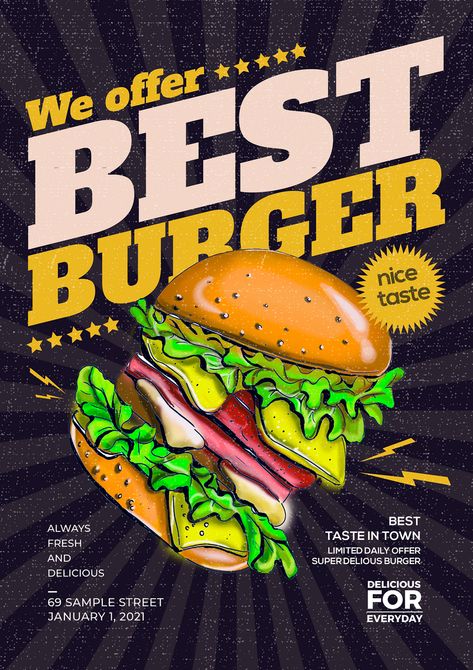 Simple retro burger fast food promotion poster#pikbest#templates Fast Food Advertising Poster, Advertisment Poster Products, Promotion Food Design, Cafe Promotion Poster, Retro Food Ads, Burger Design Poster, Burger Poster Design Graphics, Advertisement Poster Drawing, Food Advertisement Poster Products