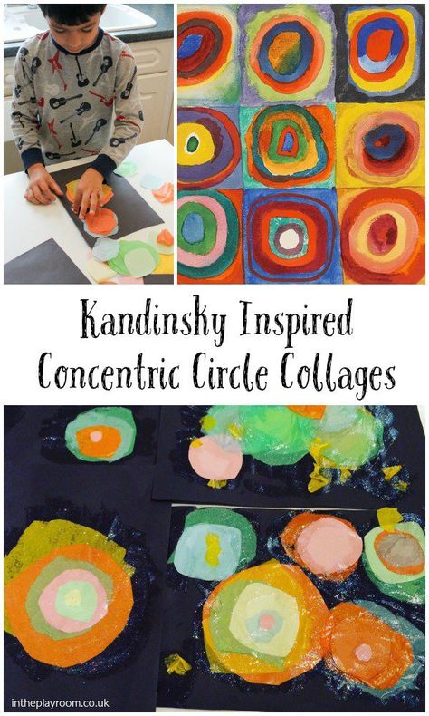 Kandinsky inspired concentric circles collage, easy abstract art project for kids Simple Art Projects, Abstract Art Ideas, Art Ideas For Kids, Easy Abstract Art, Abstract Art Projects, Circle Collage, Pablo Picasso Paintings, Kandinsky Art, Picasso Paintings