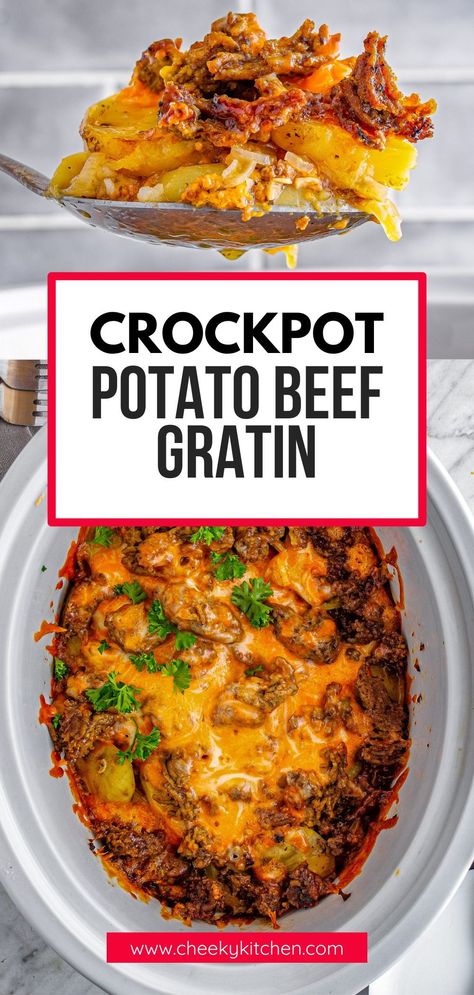 Ground beef and potatoes are the main ingredients in this simple gratin dish, and additional flavor comes from the addition of thyme, cheese, onion, Worcestershire sauce, and garlic add plenty of delicious flavor to the dish. It’s easy to make. Soft Ground Beef Recipes, Ground Beef Crockpot Recipes Easy, Ground Beef And Potatoes Recipes, Ground Beef Recipes Crockpot, Beef And Potato Casserole, Cheese Gratin, Quick Family Recipes, Ground Beef Crockpot Recipes, Beef Crockpot