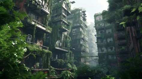 Nature Reclaimed City, Plant City Aesthetic, Plants Taking Over Buildings, City Covered In Plants, Overgrown City Concept Art, City Overtaken By Nature, Overgrown City Art, Overgrown City Aesthetic, Plant Apocalypse