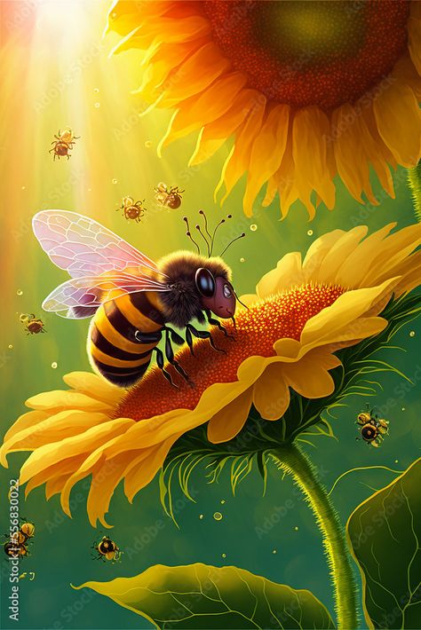 Bee Pictures Art, Animated Bee, Sunflower Artwork, Bumble Bee Art, Bee Artwork, Bee Pictures, Beautiful Butterfly Photography, Bee Painting, Sunflower Pictures