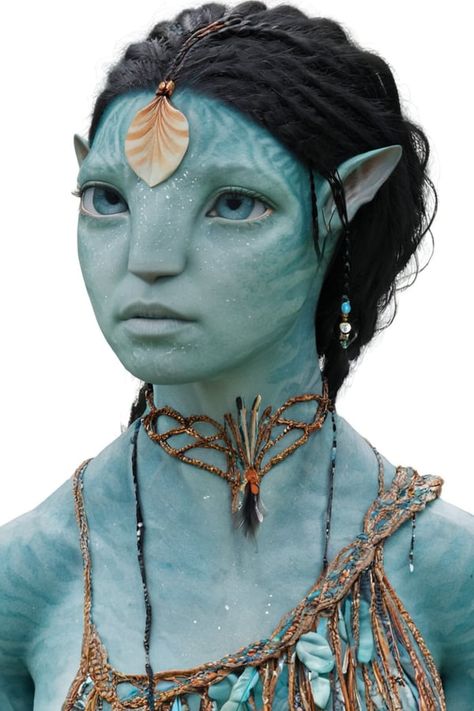 Metkayina Visual Dictionary beautiful na’vi, alien, female, tribal tattoos, turquoise skin, colored skin, pointed ears, freckles, soft blue eyes, braided bla... Metkayina Tattoos, Blank White Background, Visual Dictionary, Pointed Ears, Avatar Movie, Skin Color, Blue Eyes, Black Hair, Avatar