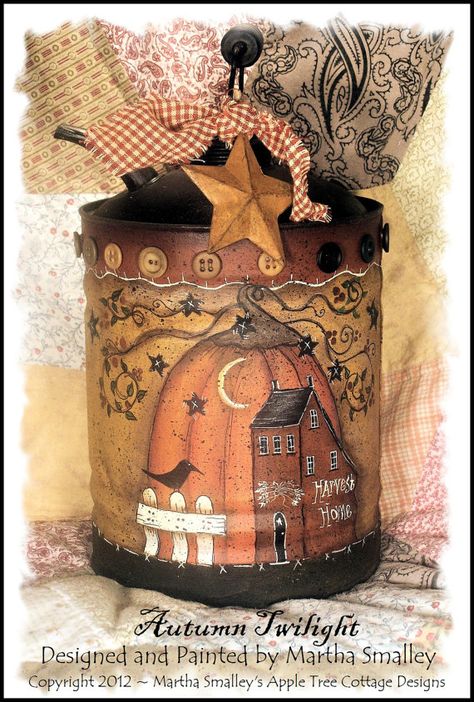 Apple Tree Cottage Original Design E Pattern by appletreecottage Crafts Fall, Primitive Painting, Tree Cottage, Cottage Designs, Painted Teapot, Tole Painting Patterns, Country Paintings, Tin Cans, Halloween Painting